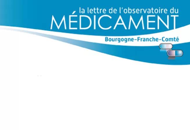 Lettre du médicament écrit en blan sur fond bleu clair