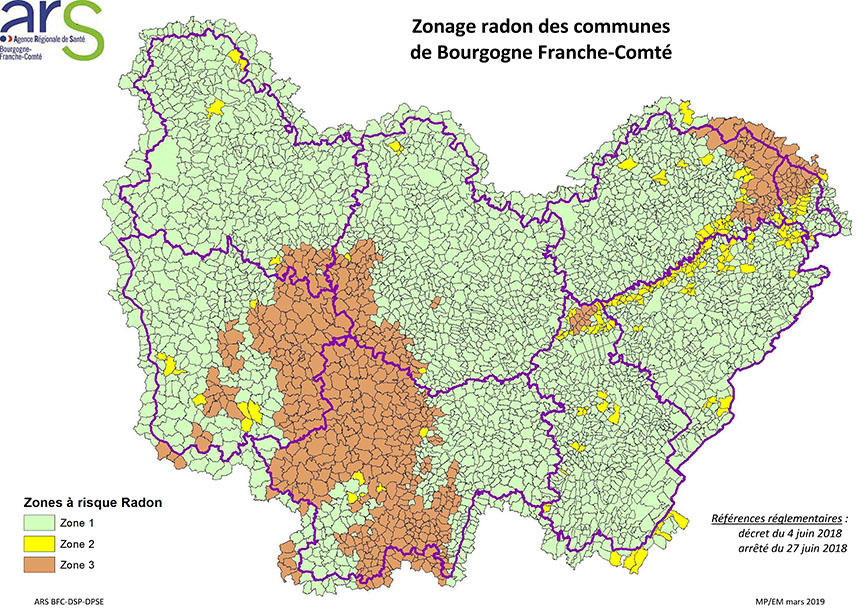 Carte de zonage radon en Bourgogne-Franche-Comté