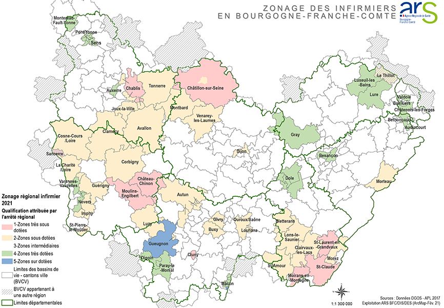 Carte du zonage infirmiers en Bourgogne-Franche-Comté