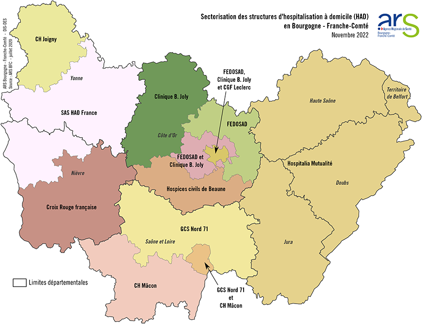 Carte des sites HAD en Bourgogne-Franche-Comté- voir description détaillée ci-après