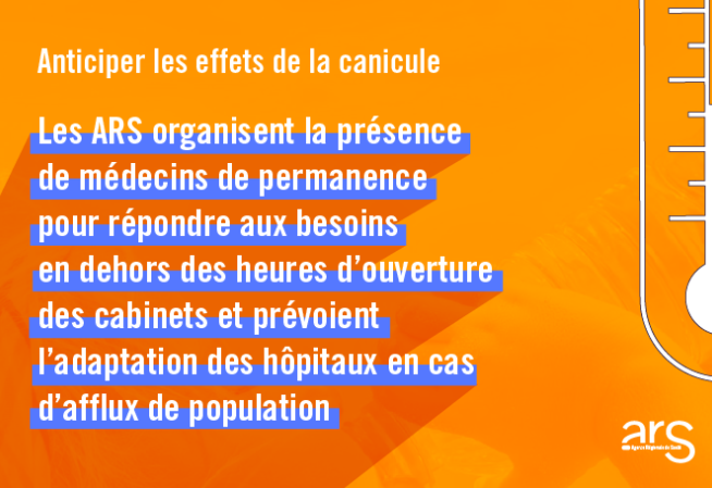 Anticiper les effets de la canicule : les ARS organisent la présence de médecins de permanence pour répondre aux besoins en dehors des heures d'ouverture des cabinets et prévoient l'adaptation des hôpitaux en cas d'afflux de population