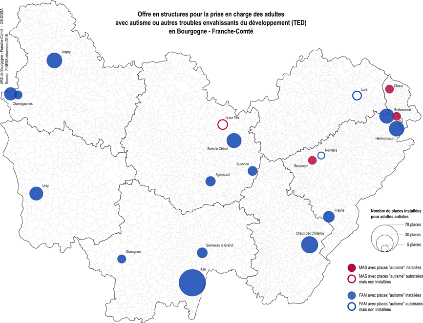 Cartographie présentant l'offre des structures pour la prise en charge des adultes avec autisme