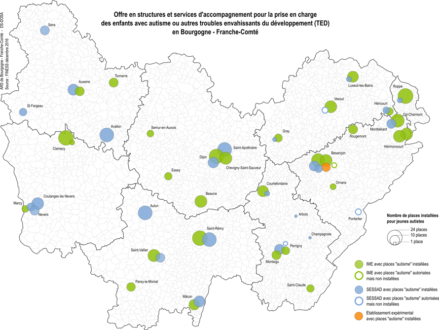 Cartographie présentant l'offre des structures pour la prise en charge des enfants avec autisme