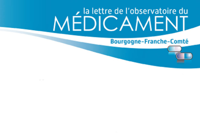 Lettre du médicament écrit en blan sur fond bleu clair