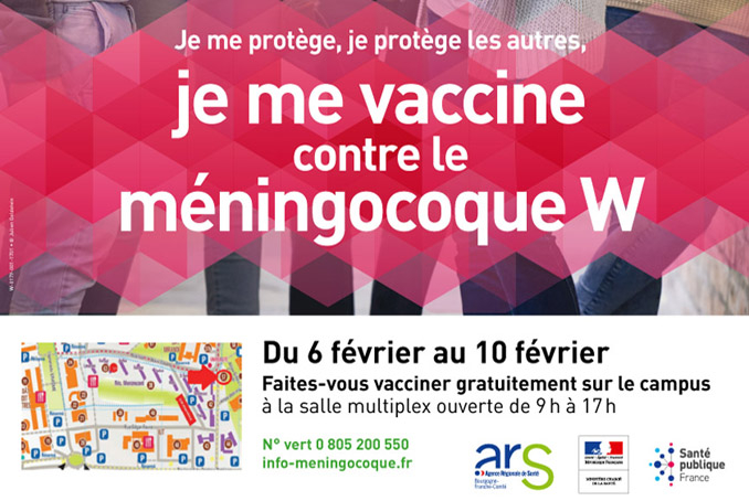 Visuel présentant une partie de l'affichette de promotion de la vaccination contre le méingocoque W. Affiche sur fond rose avec le texte je me vaccine contre le méningocowue W écrit en blanc