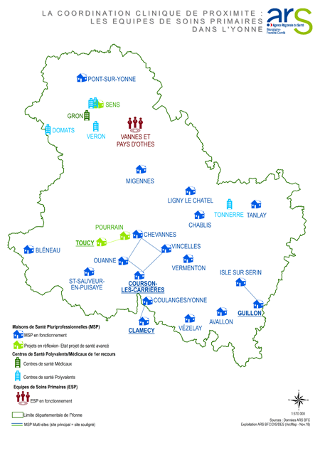 Carte présentant les structure d'exercice coordonné dans l'Yonne