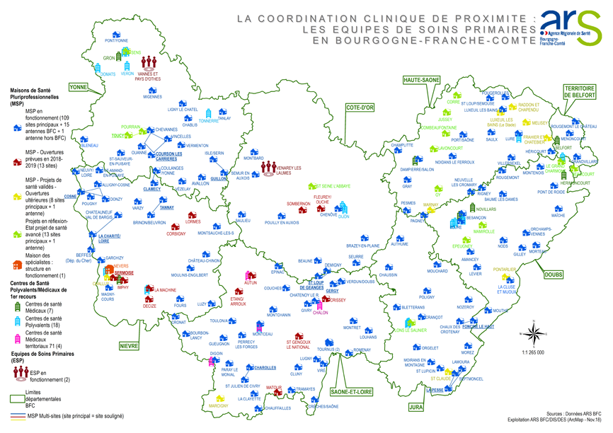 Carte présentant les structures d'exercice coordonné en Bourgogne-Franche-Comté