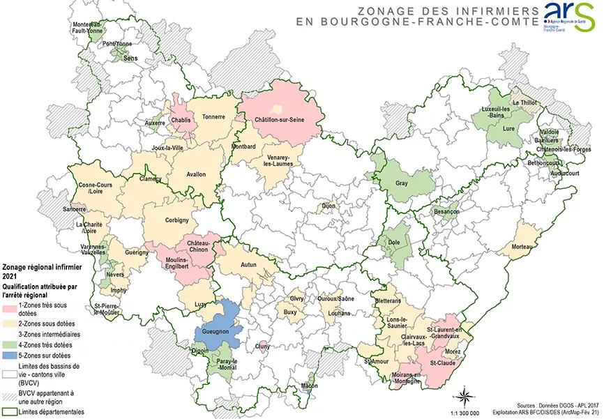 Carte du zonage infirmiers en Bourgogne-Franche-Comté