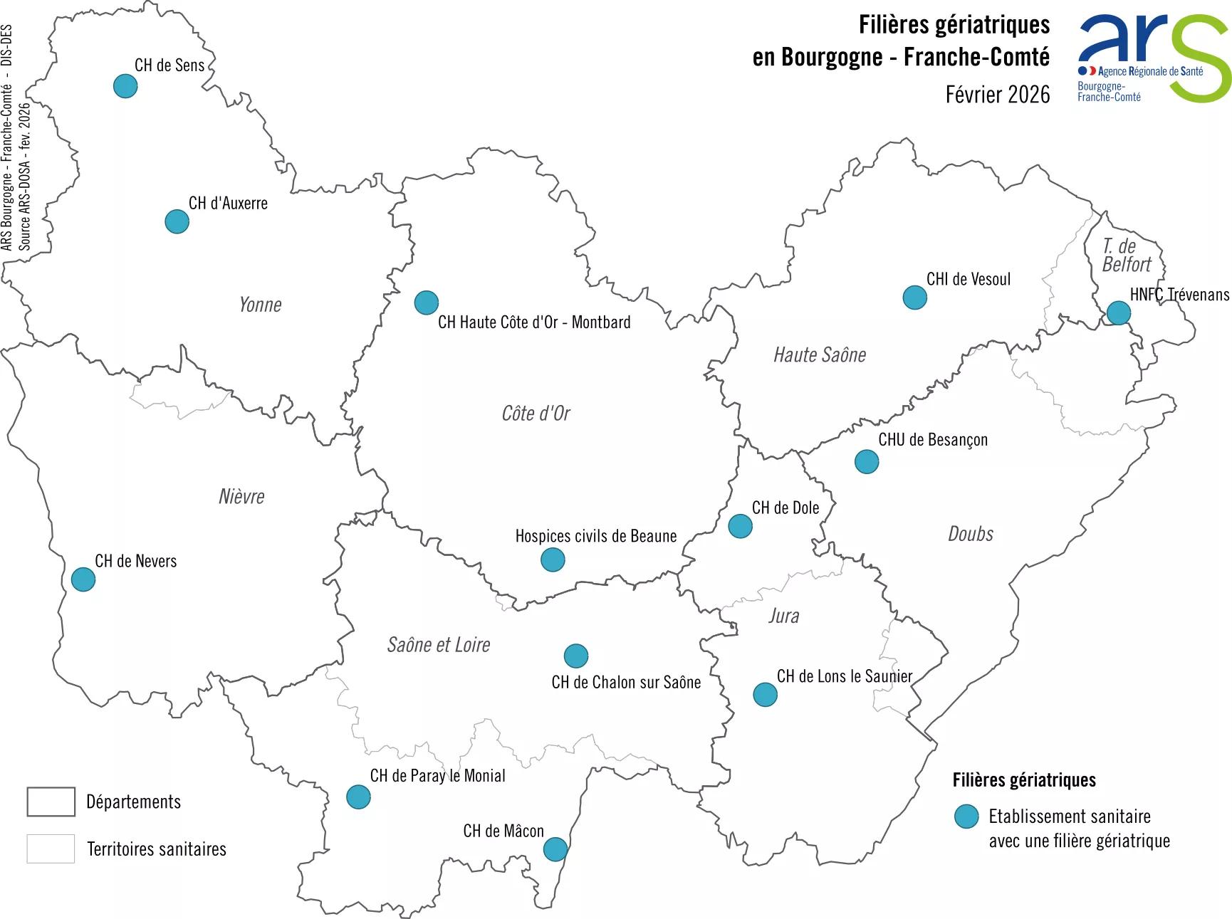 Carte des filières gériatriques en Bourgogne Franche-Comté - description ci-après